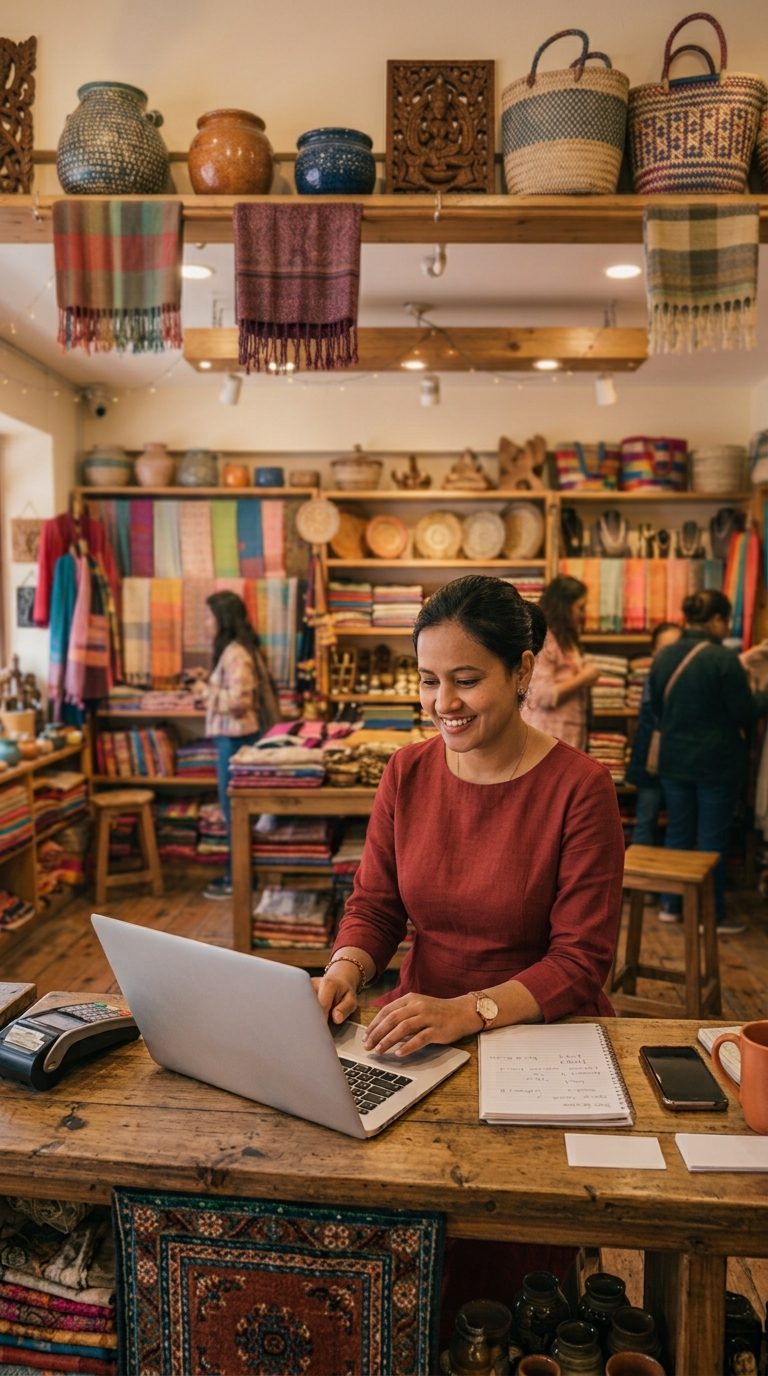 A shop owner working at the counter of their store