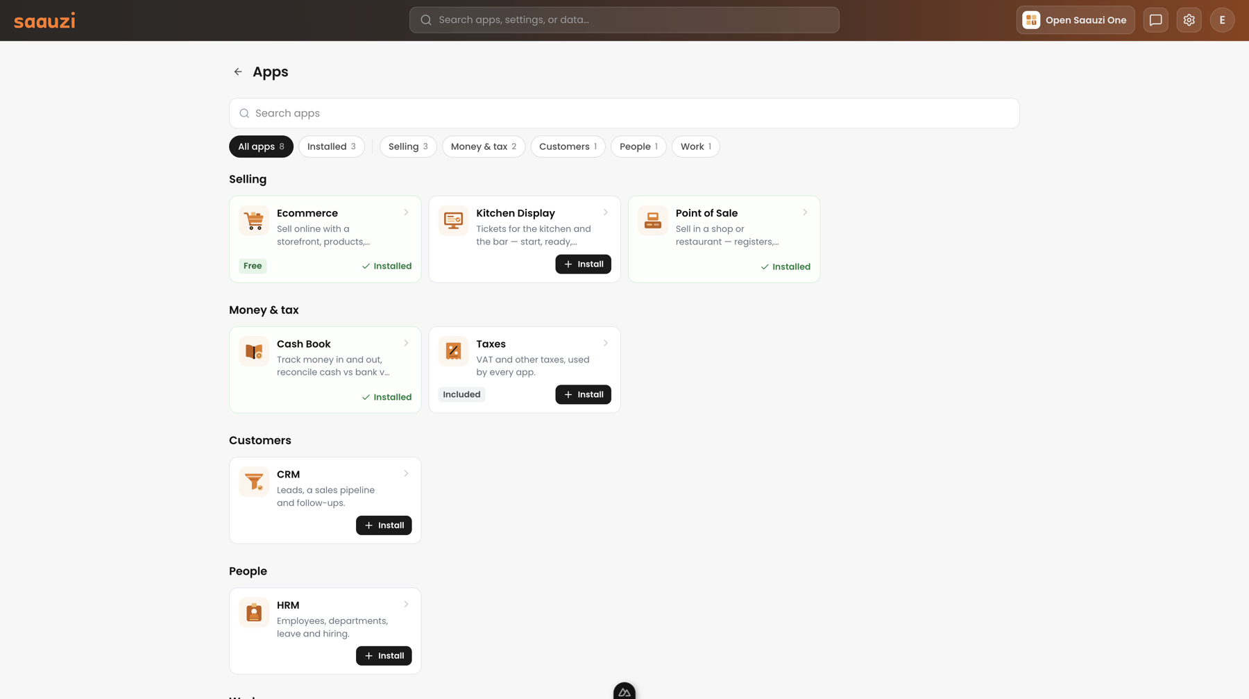 The Saauzi app hub — Ecommerce, Point of Sale, Cash Book, CRM, HRM, Kitchen Display and Taxes, each installed or one click away