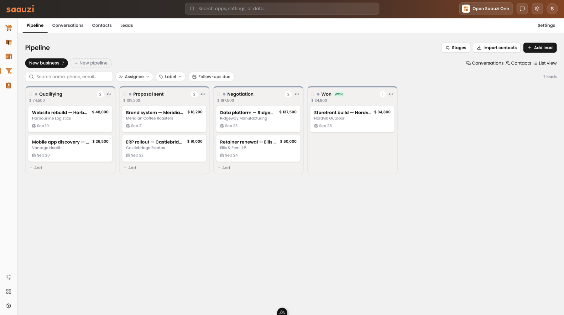 Saauzi CRM — a sales pipeline board with deals and value by stage