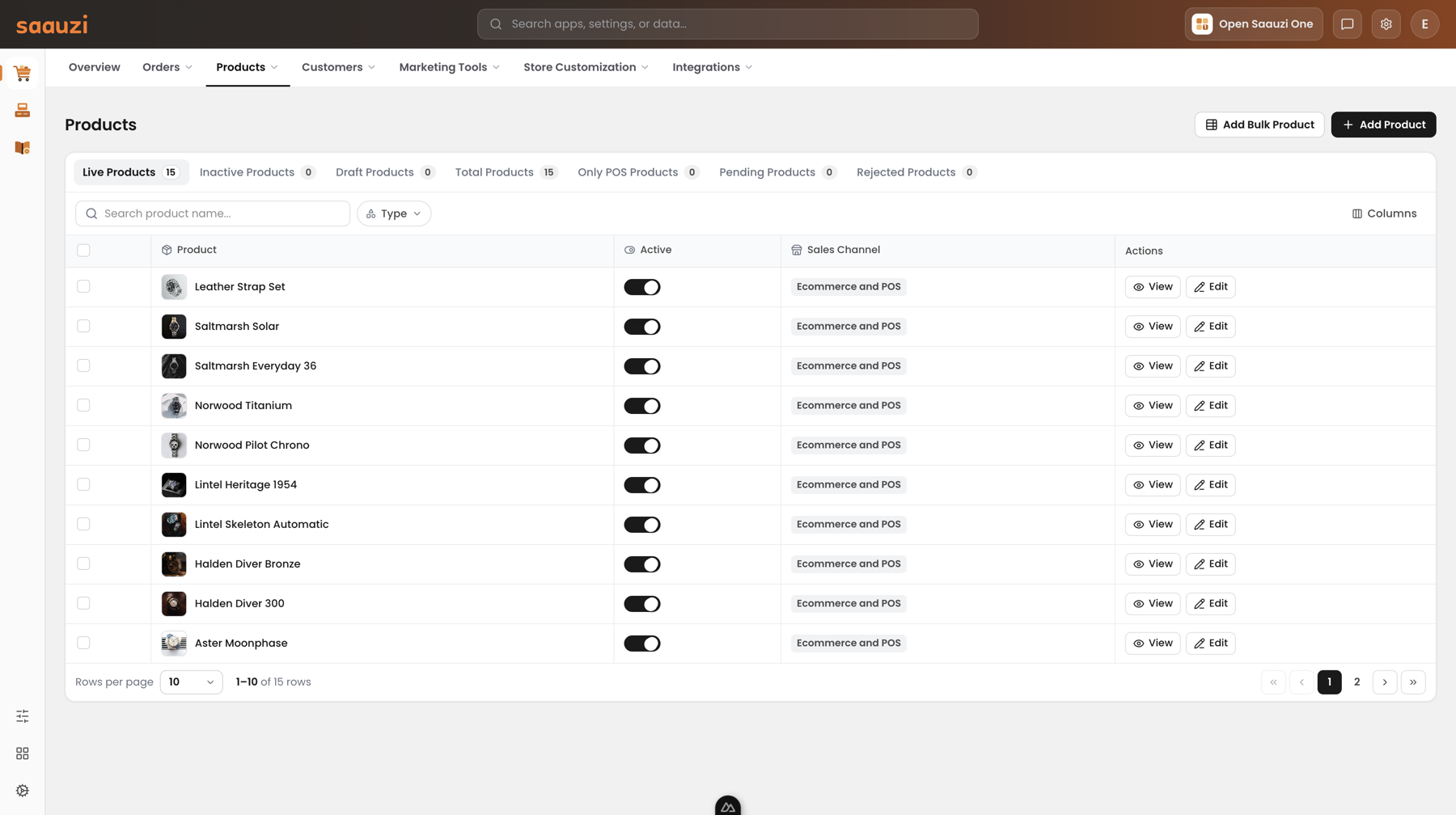 Saauzi Products — the catalog with a Sales Channel column reading "Ecommerce and POS" on every row