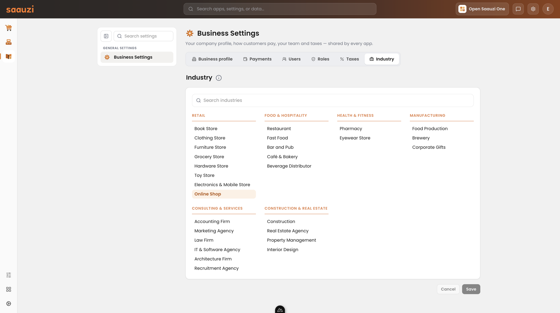Choosing an industry in Saauzi — retail, food and hospitality, health and fitness, manufacturing, consulting and construction, each listing its trades